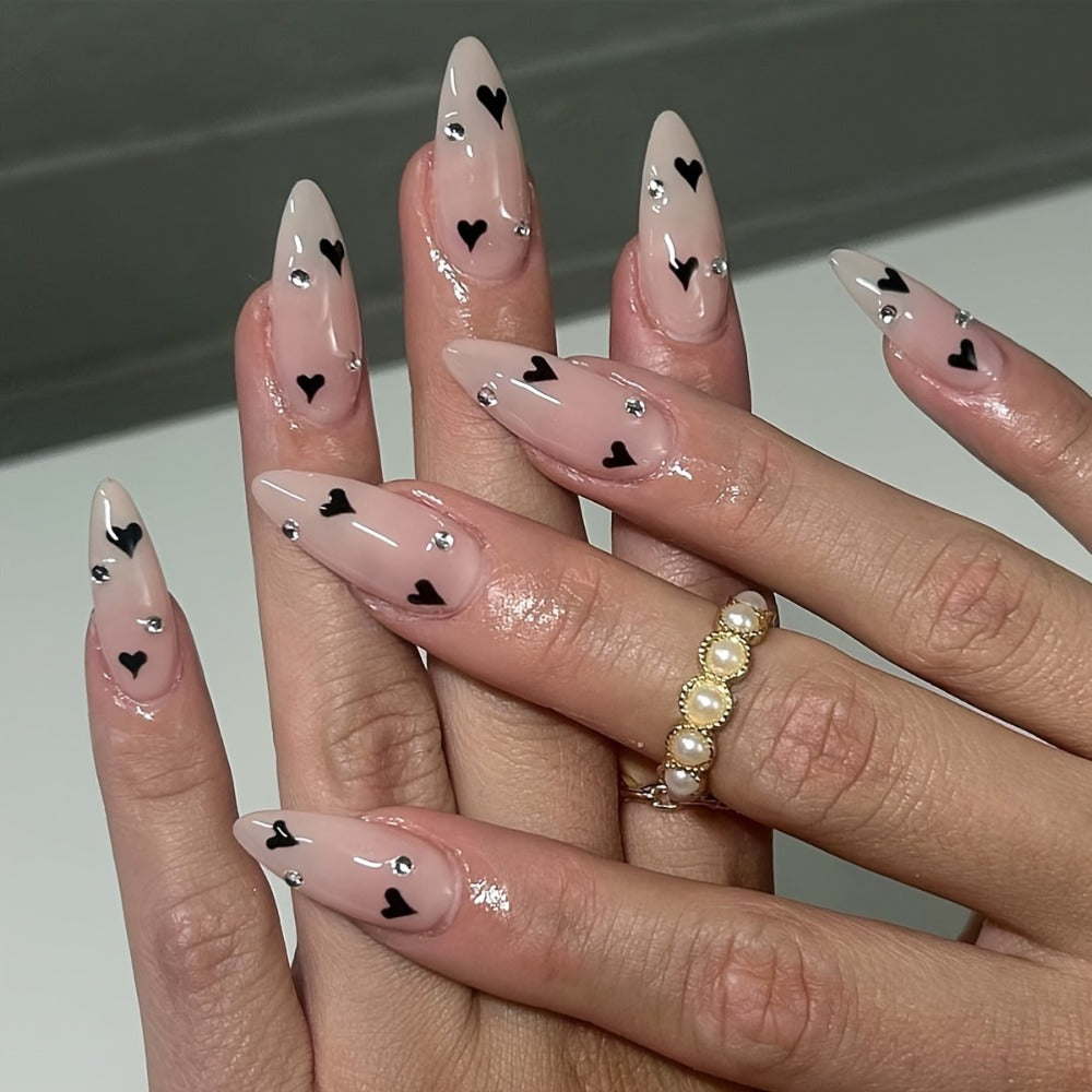 144pcs Pink Press On Nails Short Almond - Flower Small Flowers Fake Nails Rhinestone Press Ons Black French Nail Tip Glue On Nails with Cute Design Full Cover False Nails Stick On Nail Acrylic Nail Art Kit