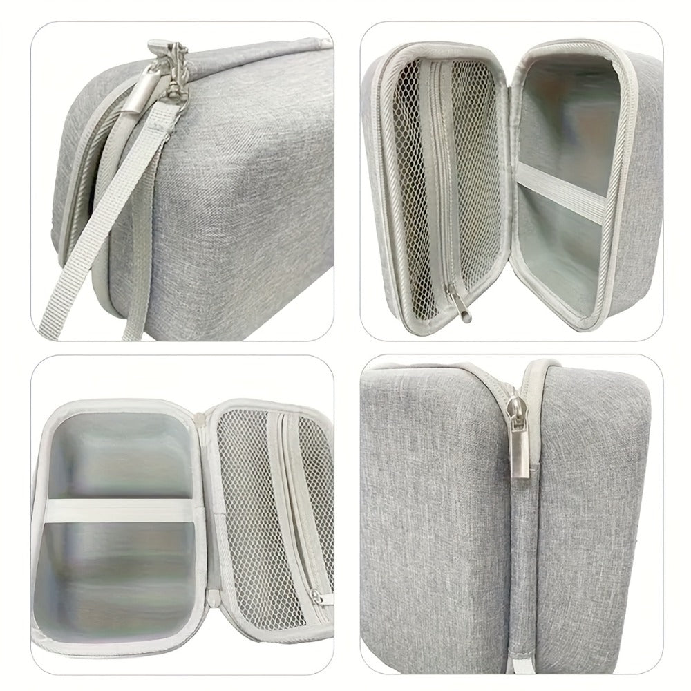A Gray Hard Shell Storage Bag Made of EVA, Featuring Pockets And Multiple Compartments, Perfect for Travel And for home Use, Designed for Handheld Nebulizers, Humidifiers, Facial Steamers, And Pore Vacuum Cleaners