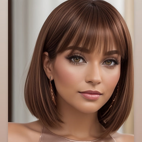 Synthetic Wig with Bangs 12 Inch Rose Net Cap for Women Light Yellow Gradient Brown Red Highlights Light Brown Daily Wear Party Cosplay Role Play