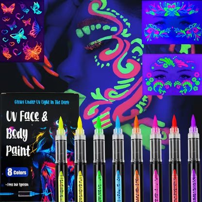 Face Body Paint Pen Set 8 Colors with 105 Tattoo Stencils - Glow in the Dark Neon Face Paint Easy Apply for Party Halloween Festival Stage Body Art