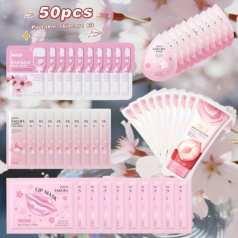 50pcs Sakura Skincare Set | 10 Packs Each of Sakura Mud Mask, Sleeping Mask, Peach Scent Body Cleansing Scrub, Nutritional Lip Mask, Sakura Moisturizing Toner | Gentle Cleansing, Moisturizing, Easy to Travel, Suitable for All Skin Types
