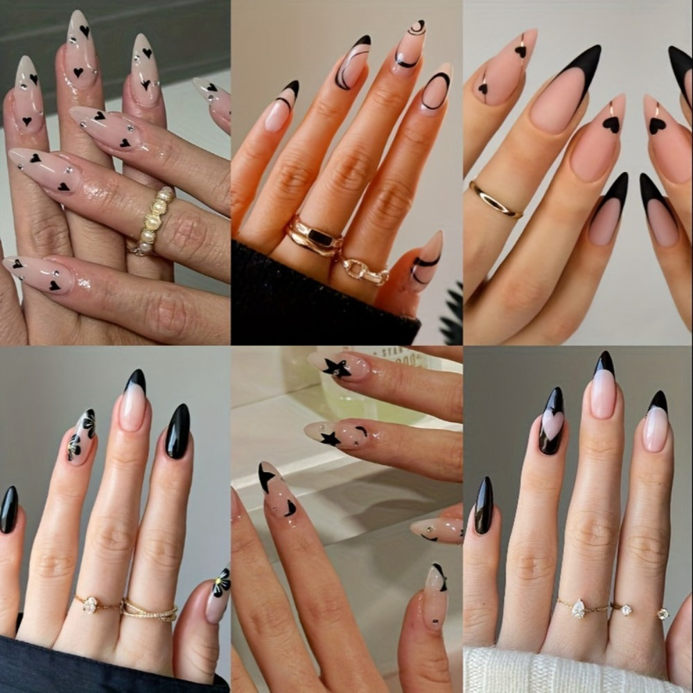 144pcs Pink Press On Nails Short Almond - Flower Small Flowers Fake Nails Rhinestone Press Ons Black French Nail Tip Glue On Nails with Cute Design Full Cover False Nails Stick On Nail Acrylic Nail Art Kit