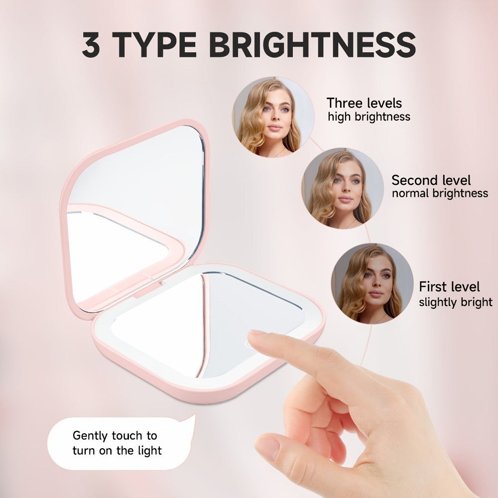 FORICOM LED Lighted Handheld Mirror 2-Sided Glass Mirror with 3 Adjustable Brightness Settings, with USB Charging, Foldable & Portable Design, Polished Plastic Frame, Animal Theme, for Makeup And Travel