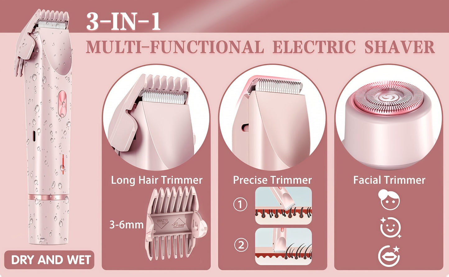 Electric Hair Trimmer for Women Dual Head Bikini Razor Face Body Shaver IPX7 Waterproof USB Rechargeable Lithium Battery Painless Hair Removal Arms Legs Underarm Bikini Line Gift Set Available