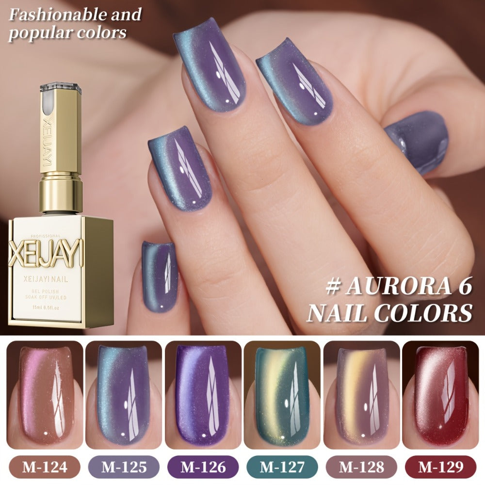 XEIJAYI Frame Bottle Aurora Cat Eye Set -- Ultra-Bright Aurora Cat Eye Nail Polish 6pcs Set, Trendy Spring Nail Art, Stylish Salon Artistic Cat Eye Gel, Shiny Luster with Changing Colors, Women's Nail Art Tools, Dazzling Cat Eye Nail Design.