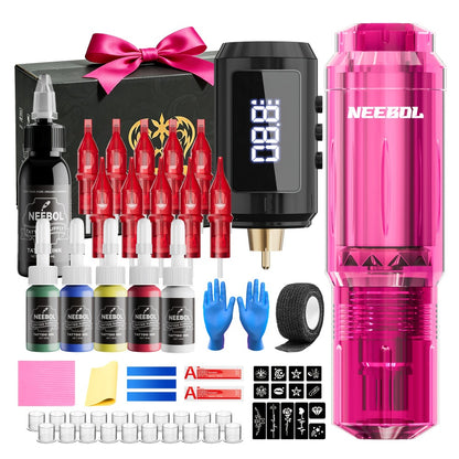 Tattoo Gun Kit Neebol Cordless Wireless Tattoo Pen 1600mAh Battery with 20 Cartridge Needles 8 Inks White Soap Complete Tattoo Machine Set for Beginners Artists Body Art