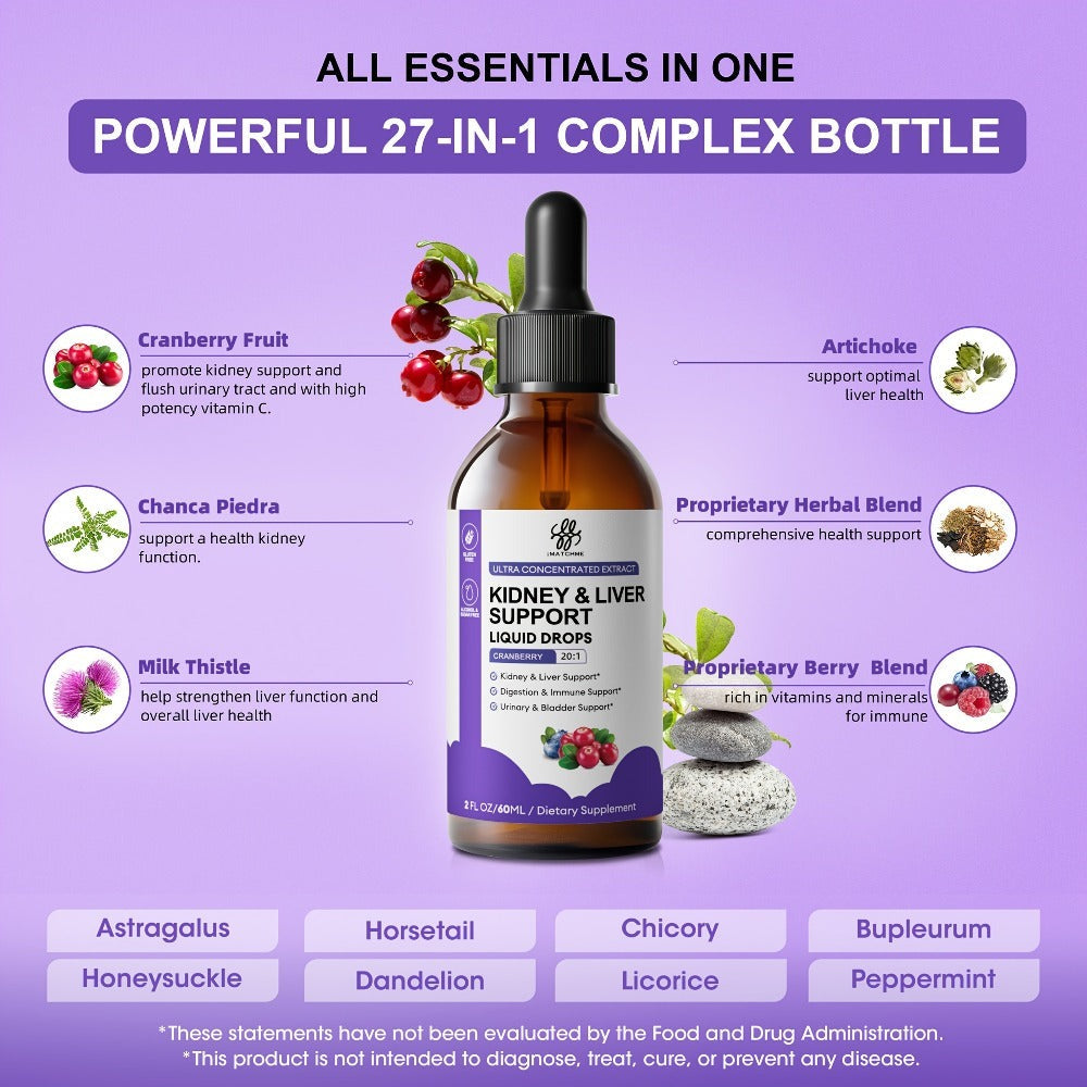 27-In-1 Complex Kidney And Liver Support Drops - Alcohol-Free, Made from a Variety of Natural Herbs Carefully Selected Ingredients, Support Liver Health, Balanced Health, 1/2/3Bottles