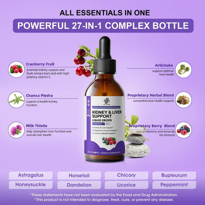 Kidney and Liver Support Drops 27-in-1 Complex - Alcohol-Free Natural Herbal Formula for Liver Health, Kidney Cleanse & Balanced Wellness - 1, 2 or 3 Bottles