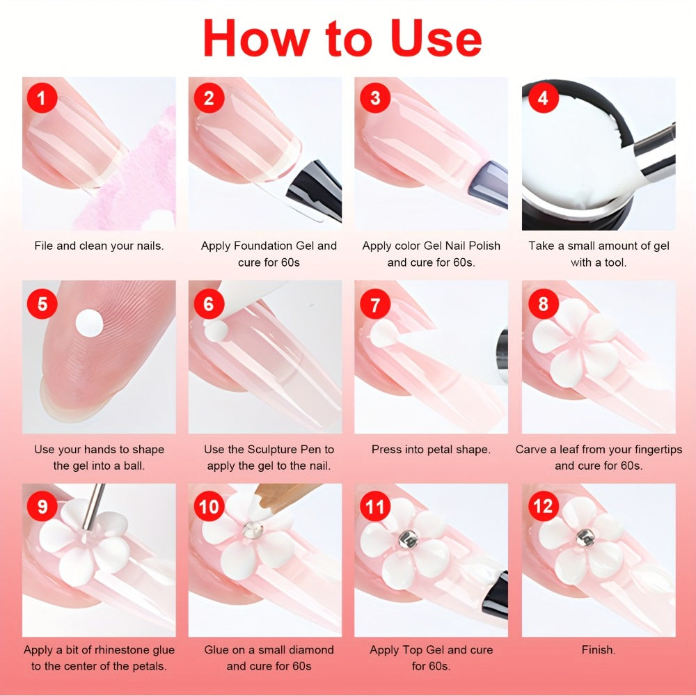 3D 4D Sculpture Gel Nail Art Kit 12 Colors with Carving Pen — Non-Sticky Soak-Off Nail Sculpting Gel Firm Texture for 3D Nail Designs Flowers Leaves Extensions DIY & Salon Manicure