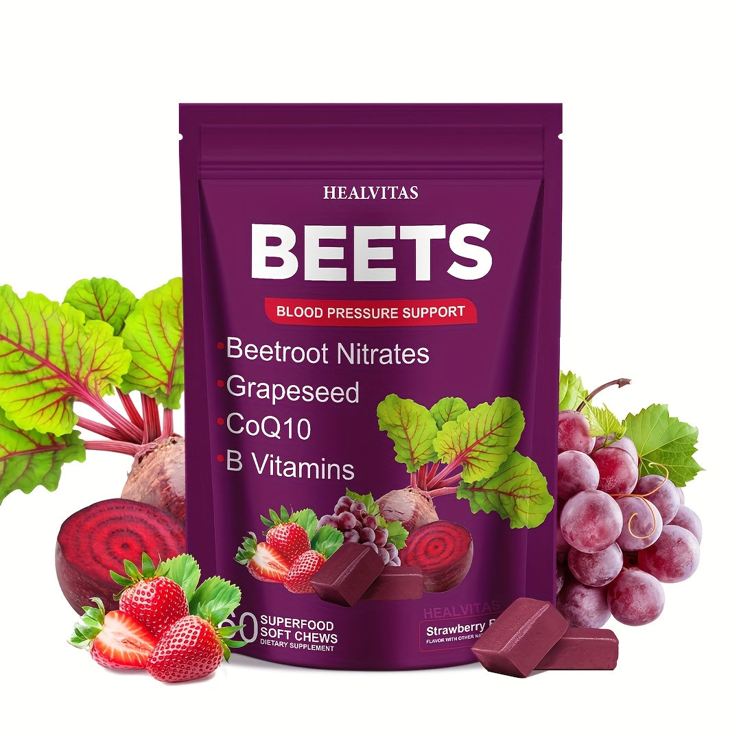 Super Beets All-in-One Beet Root Gummies & Chews - Beet Powder with Vitamins B12/B6, CoQ10 & Grapeseed - Heart Health Support, Blood Pressure Health Supplement, Blood Flow Booster - Chewable Vitamins for Blood Pressure Support 1pc/2pcs/3pcs
