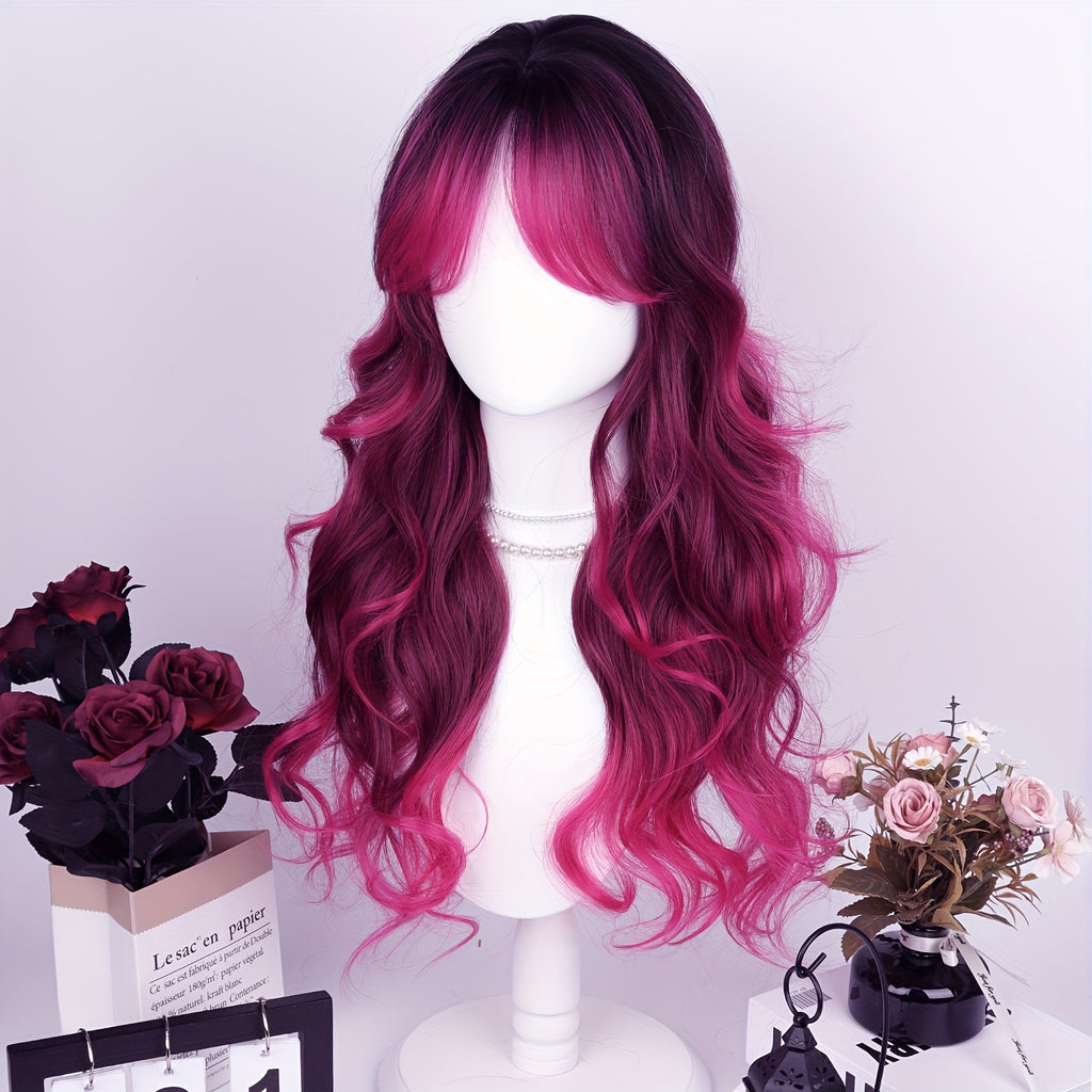 28" Heat Resistant Synthetic Hair Long Wavy Wig With Air Bangs - 150% Density Rose Net Cap For Women, Elegant Curly Wave Style For Parties, Christmas & Casual Attire, Halloween, Everyday Wig | Chic Appearance | Synthetic Hair Wig, Wig Accessories