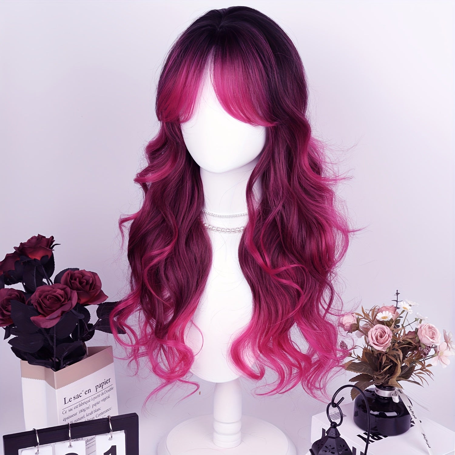 28" Heat Resistant Synthetic Hair Long Wavy Wig With Air Bangs - 150% Density Rose Net Cap For Women, Elegant Curly Wave Style For Parties, Christmas & Casual Attire, Halloween, Everyday Wig | Chic Appearance | Synthetic Hair Wig, Wig Accessories