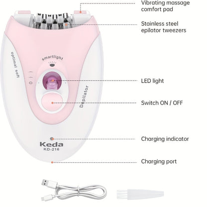 Electric Epilator for Women USB Rechargeable 2-Speed Painless Hair Removal – Stainless Steel Blades Cordless Portable Body Hair Remover for Legs Bikini Line Face, Ergonomic Pink Design, Gift for Her