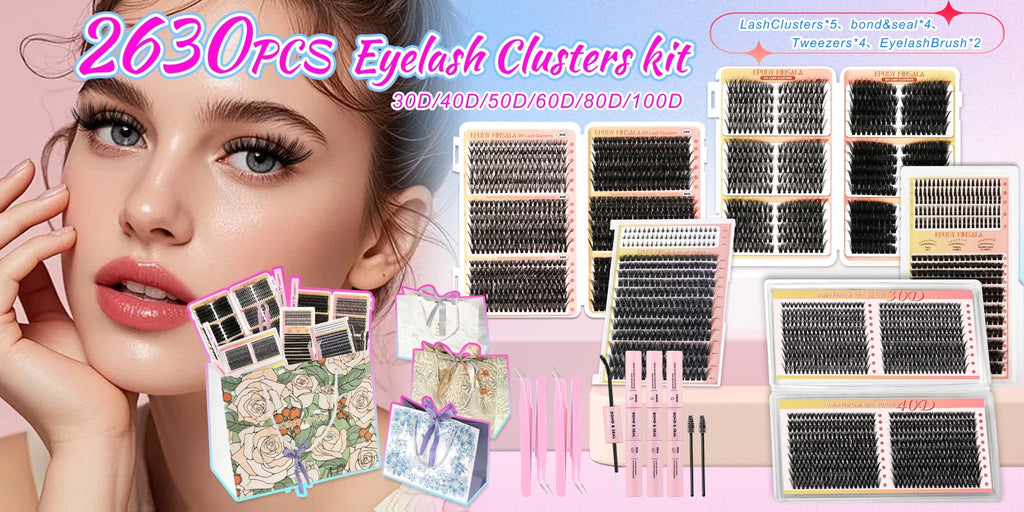 272pcs/5 Boxes Mixed Length Lash Clusters Kit Gift Set, 30D-100D Volume Cluster Lashes with Tweezers & Mascara Wands, Soft Fluffy Eyelash Clusters for Natural Or Glam Look, Perfect Gifts for Her & Mom