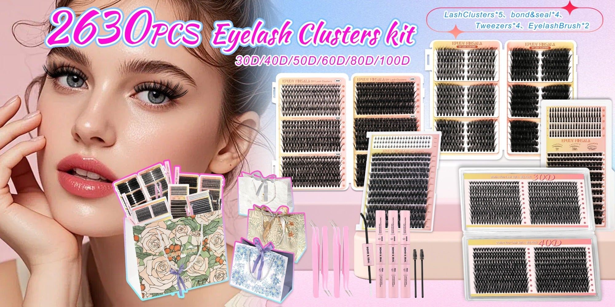 272pcs/5 Boxes Mixed Length Lash Clusters Kit Gift Set, 30D-100D Volume Cluster Lashes with Tweezers & Mascara Wands, Soft Fluffy Eyelash Clusters for Natural Or Glam Look, Perfect Gifts for Her & Mom