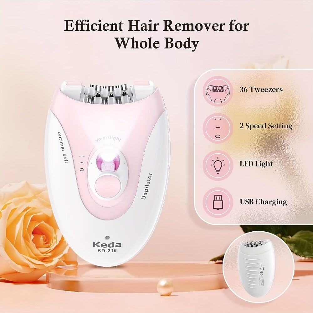 HATTEKER Women' 2-Speed Rechargeable Electric Epilator & Portable Hair Remover with USB-Powered, Stainless Steel Blades & Ergonomic Design for Painless Shaving - Suitable for Legs, Bikini, Face Epilation, Shaver