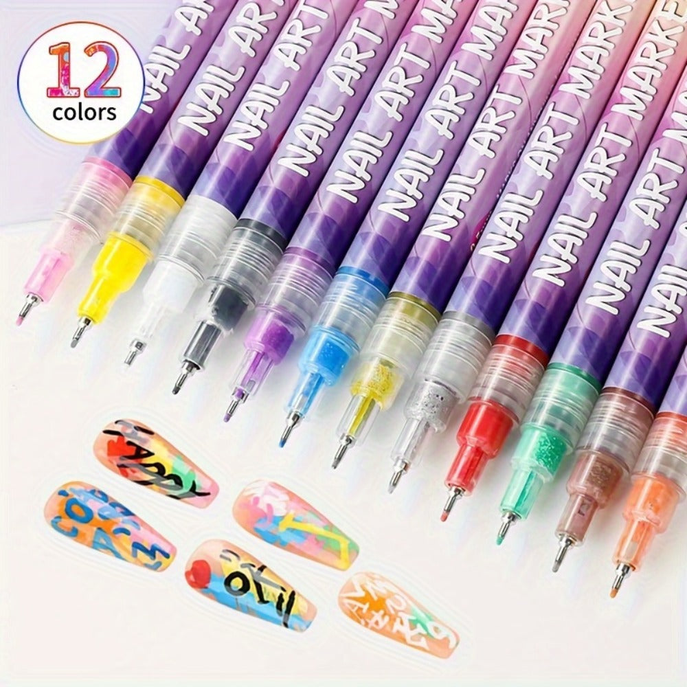1set Nail Doodle Pen 12-color Nail Art Pens, Nail Art DIY Dot Stitching Pen, 3D Doodle Nail Art Pen, Nail Art Pen Set, Quick Drying, Suitable for Home And Salon DIY, Valentine's Day Nail Supplies Gift Graduation Gifts, Back to School.