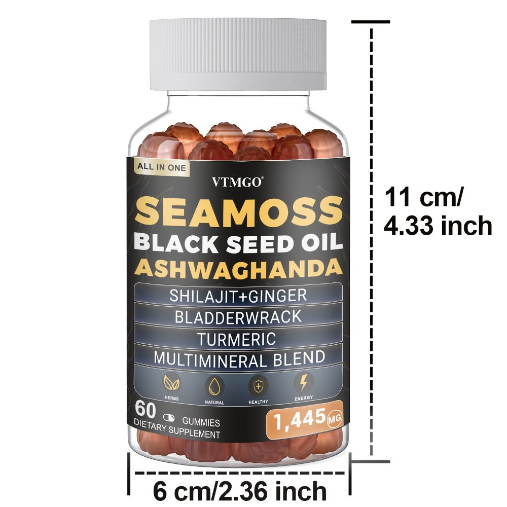 (1/2/3 Bottles)-Sea Moss&Shilajit, Black Seed Oil, Ashwagandha, Ginger, Gummies With Elderberry, Chlorophyll, Turmeric, Bladderwrack 1445Mg, Health, Natural, Antioxidant, Happiness, . 60 Gummies