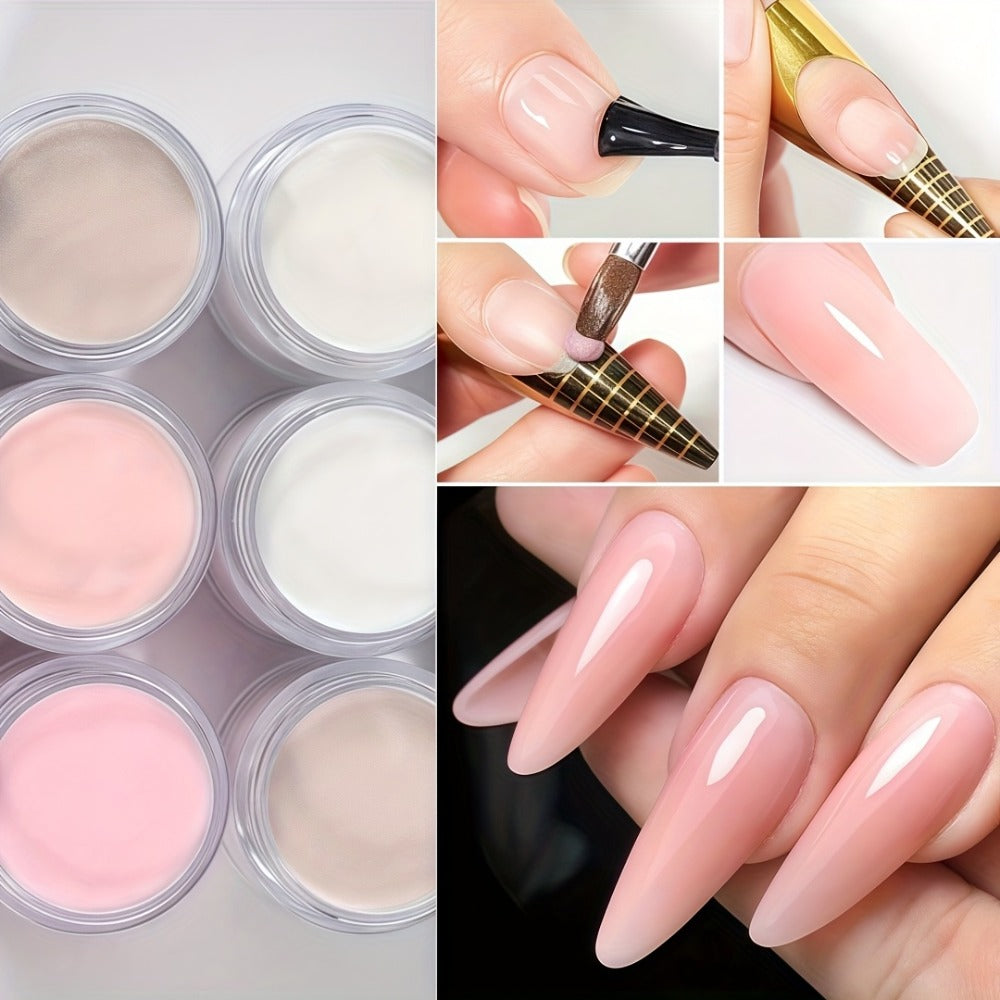 Set of 6 Acrylic Powders in Nude, Pink, And White, Featuring a High-Gloss End. Ideal for Nail Art, This Kit Includes 6 Colors for 3D Nail Sculptures, French Nail Extensions, And Carving. A Professional Polymer Acrylic Nail Art Kit