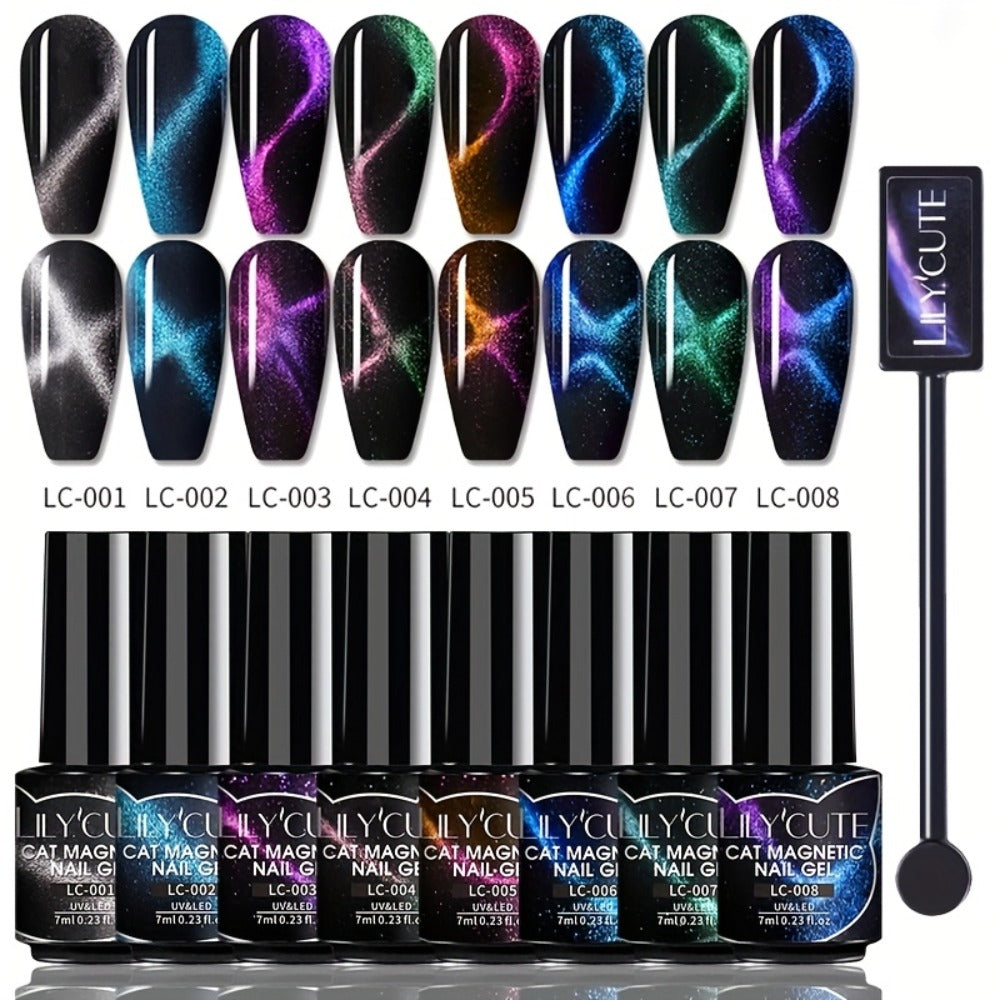 LILYCUTE 0.24oz 8pcs of Black Crystal Cat Magnetic Gel Nail Polish with Aurora Glitter, Semi-Permanent Gel for Nail Art, No Base Color Required