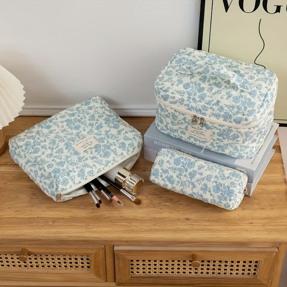 Large Capacity Floral Pattern Quilted Makeup Bag Set, 3 Counts Travel Cosmetic Bags, Stay Glam On-the-Go, Portable Zipper Makeup Organizer Pouches for Skincare, Cream, Lip Balm, Eyeliners, Makeup Tools, Makeup Container Set, Makeup Storage Organizer