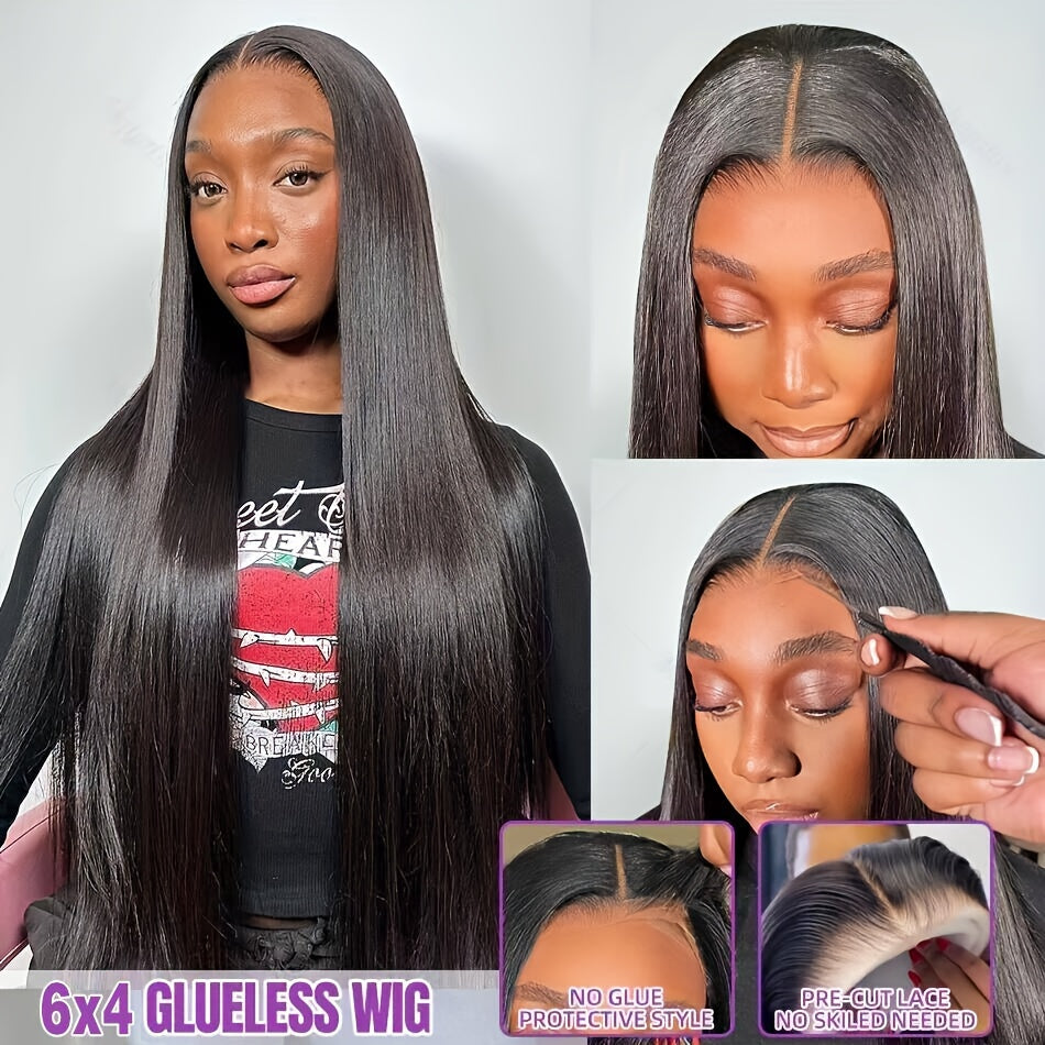 Pre Cut Glueless Wigs Real Human Hair Put on And Go Bone Straight Human Hair Wigs for Women Pre Plucked 6X4.5 Ready to Wear Instantly Without Glue 3 Seconds to Wear Glueless Wig 200 Density Transparent Lace Front Human Hair Wigs Halloween Costume