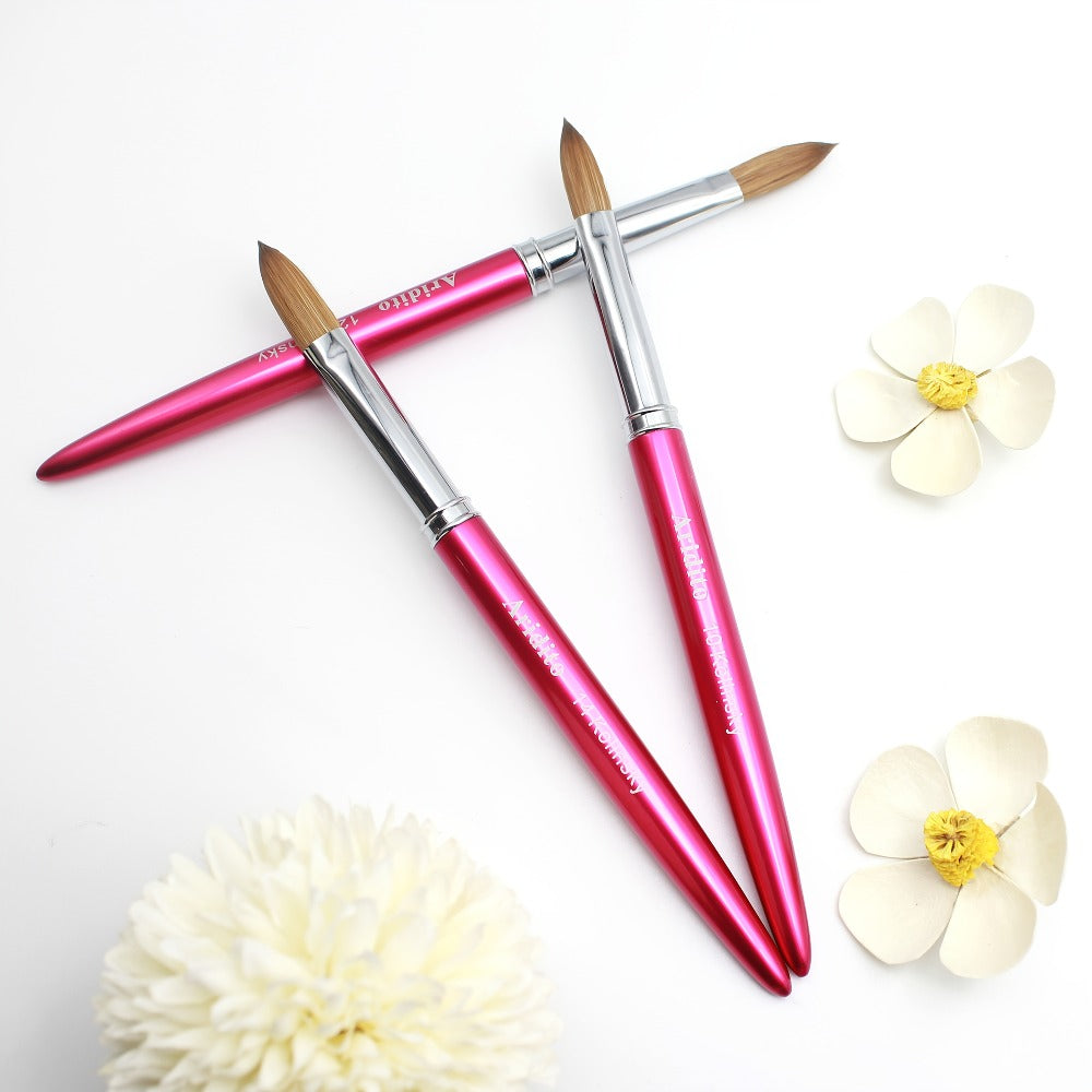 Aridito Professional Acrylic Nail Brush with 100% Kolinsky Hair - Flat Shape, Rose Red Handle & Cap for Manicure and Pedicure (Sizes 8, 10, 12, 14), Nail Art Accessories | Sleek Finish | Kolinsky Hair Bristles