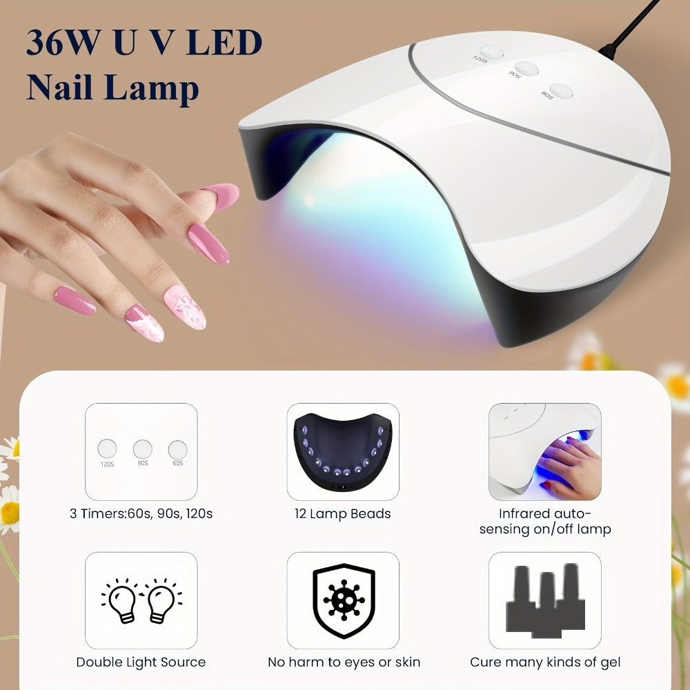 PHOENIXY 36pcs Gel Nail Polish Kit with 36W U V LED Nail Light, Pink Red Purple Black Brown Blue Gel Nail Kit Manicure Tools