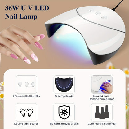 Gel Nail Polish Kit 36pcs with 36W UV LED Nail Lamp — Pink Red Purple Black Brown Blue Gel Polish Set & Manicure Tools for Home Salon Nail Art