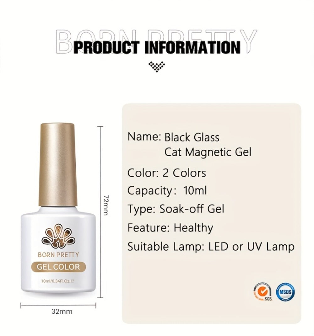 BORN PRETTY 0.34oz Black Glass Bead Black Color Cat Magnetic Gel Nail Polish With A Delicate Magnetic Powder Effect And Shiny Soak Off Gel
