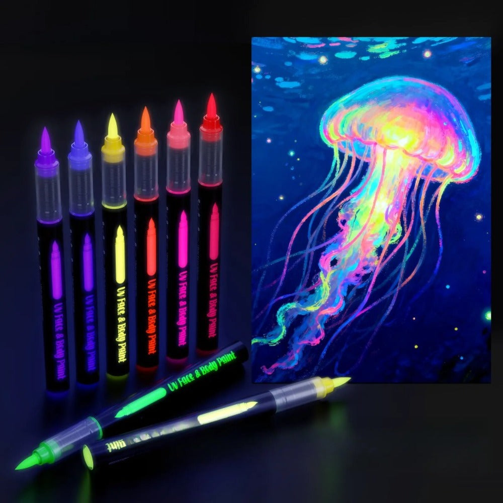 Body Face Paint Pens Set of 8 — Neon Glow-in-the-Dark Markers for Temporary Tattoos, Party Makeup, Mardi Gras, Music Festivals, Masquerade & Birthday Celebrations