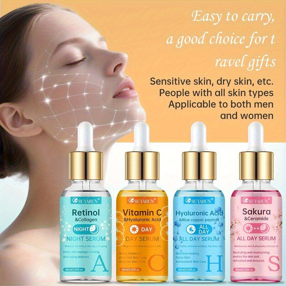 SUYARUN 4pcs Day And Night Vitamin C Retinol Hyaluronic Acid Cherry Blossom Ceramide Serum Set, with Collagen Aloe And Niacinamide, Brightens Light Beige, Firms Skin, Deeply Hydrates And Evens Light Beige. Unisex. Nourishing And Moisturizing