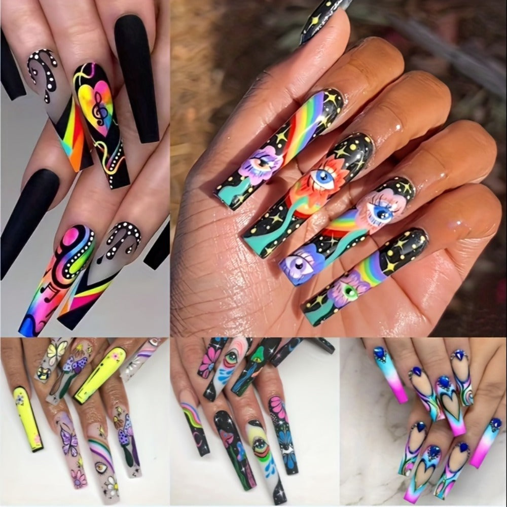 Extra Long Press On Nails 120pcs 5 Boxes Set Cosmic Eyes Crystal Rhinestones Matte Colorful Stripes Floral Pattern Glue-On Wearable Nail Art Festive Gift Set for Women Teens Party Holiday