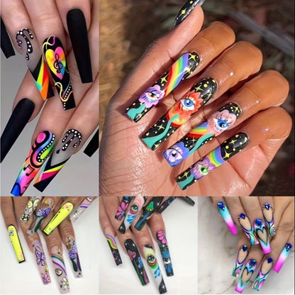 Extra Long Press On Nails 120pcs 5 Boxes Set Cosmic Eyes Crystal Rhinestones Matte Colorful Stripes Floral Pattern Glue-On Wearable Nail Art Festive Gift Set for Women Teens Party Holiday