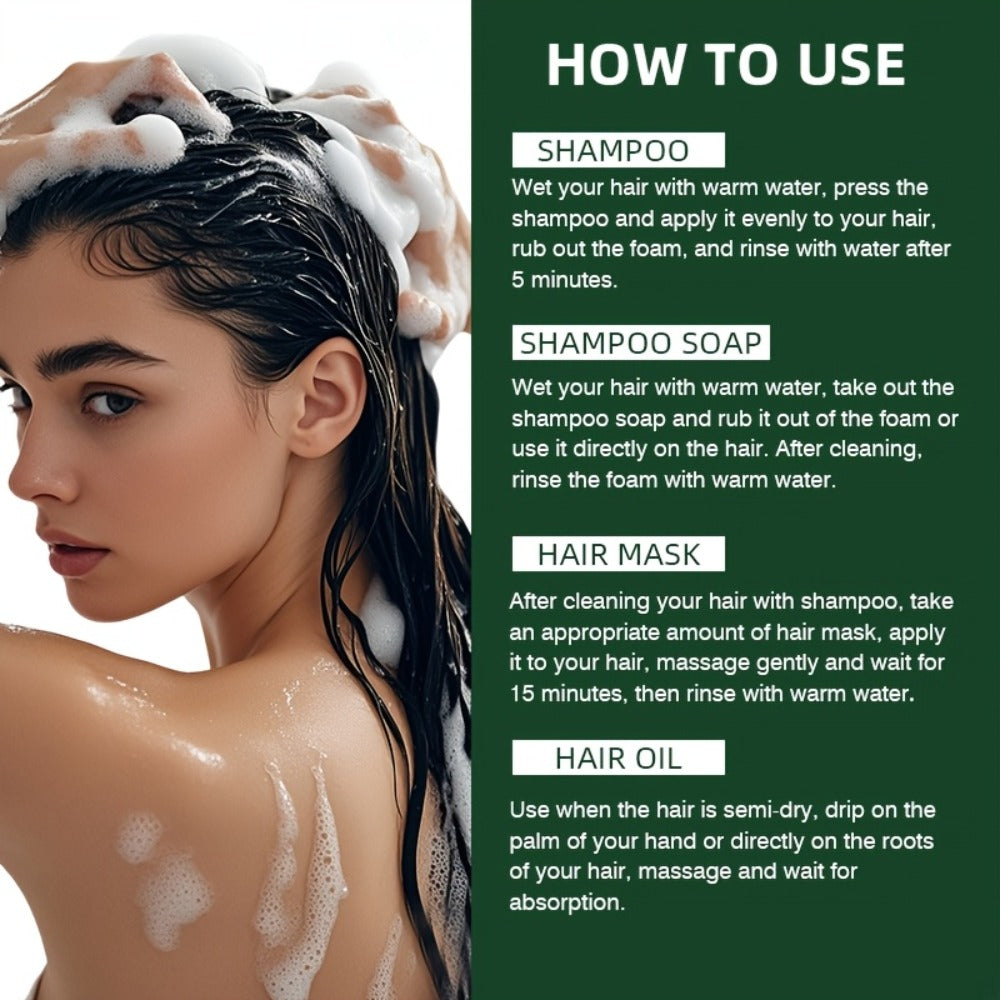Hair Care Set 4pcs - 10-in-1 Shampoo, Conditioner, Hair Oil & Hair Mask with Usman Grass & Platycladus Extract | Strengthens, Cleanses & Restores Healthy Hair