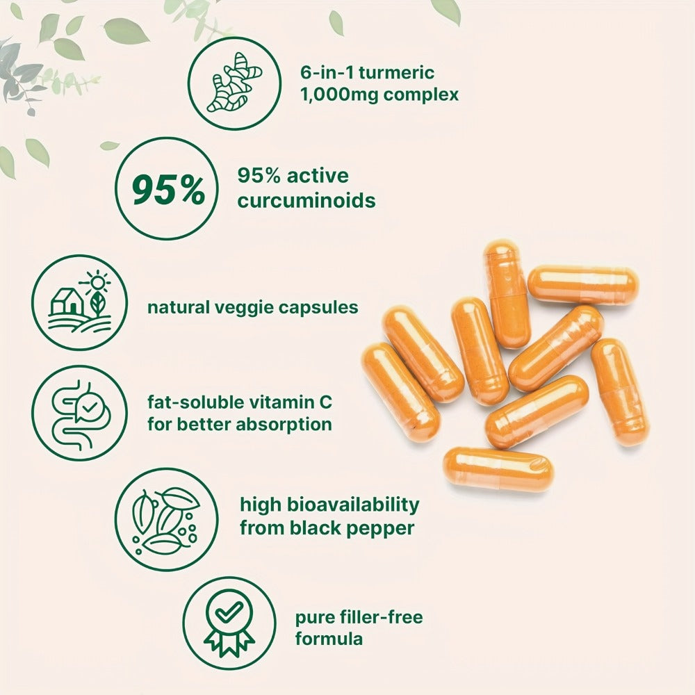 120 Capsules Premium Turmeric Curcumin 1000mg Supplement - Triple Action Heart & Brain Support With Ginger, Black Pepper & Bee Propolis - Natural Herbal Formula For Men & Women, Family Health Product