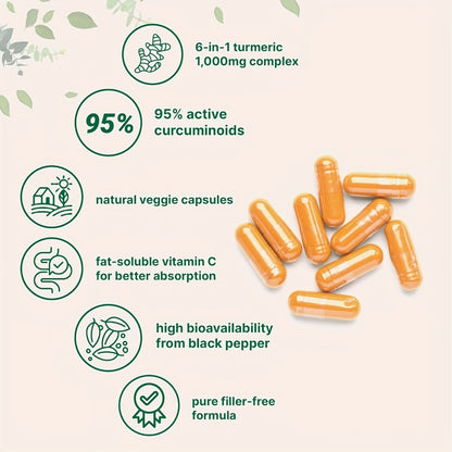 Turmeric Curcumin 1000mg 120 Capsules Triple Action Supplement with Ginger, Black Pepper & Bee Propolis for Heart, Brain & Joint Support, Natural Anti-Inflammatory for Men & Women