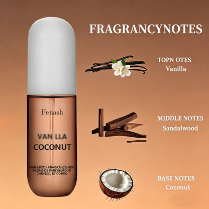 Vanilla Coconut Body Spray & Hair Mist — Long-Lasting Gourmand Floral Fragrance with Vitamin E & Moroccan Argan Oil, Skin-Safe for All Types