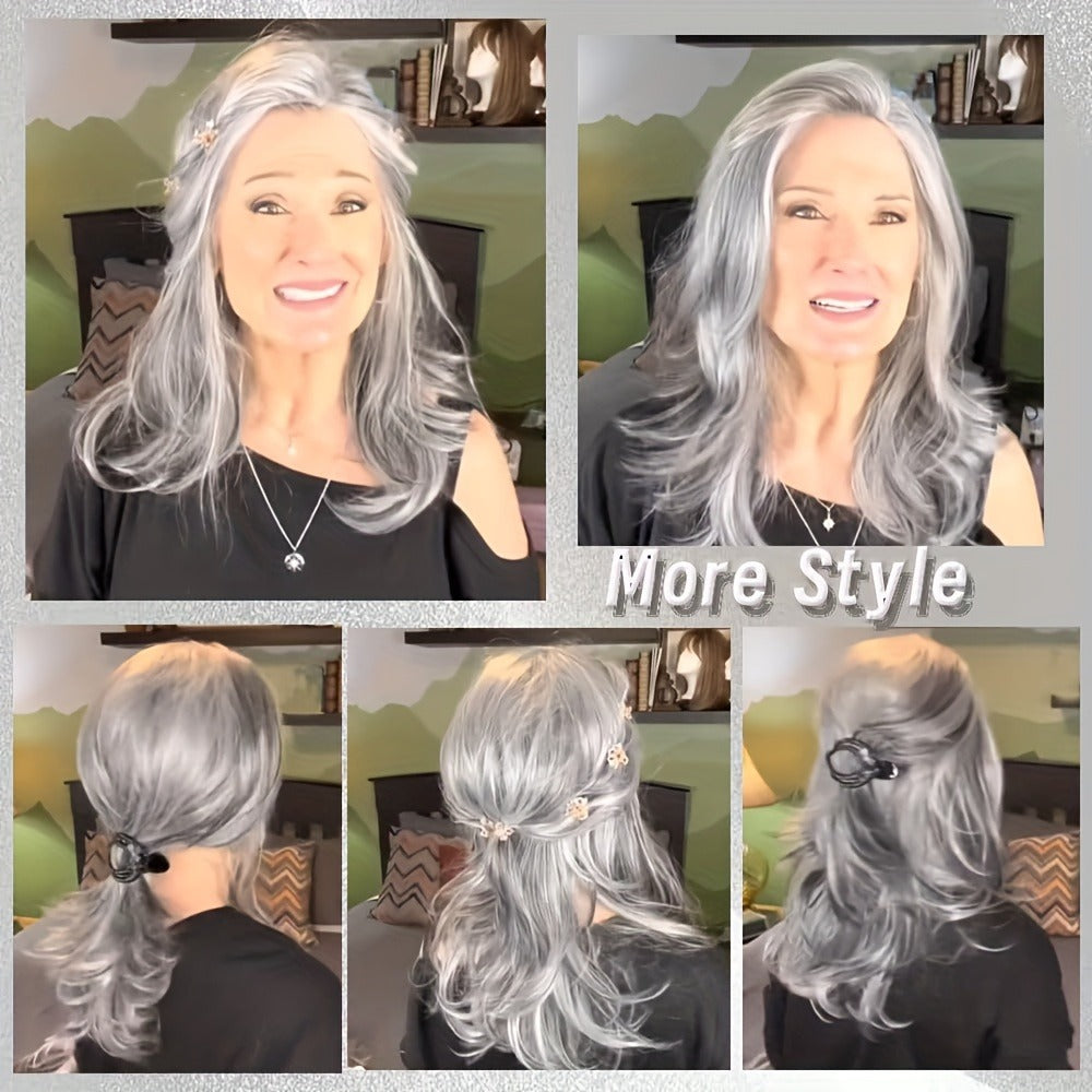 Grey Wig for Women Long Layered Silvery Wavy Synthetic Wig with Highlights 18 Inch Rose Net Cap Beginner Friendly Natural Look Daily Wear Party Cosplay