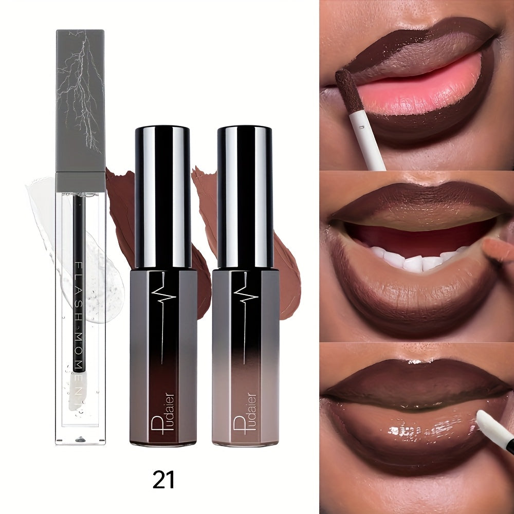 Matte Lip Gloss and Lip Oil Set 3-Piece - Long Lasting Waterproof Velvet Finish, Non-Stick Formula for All Skin Types, Red Purple Pink Berry