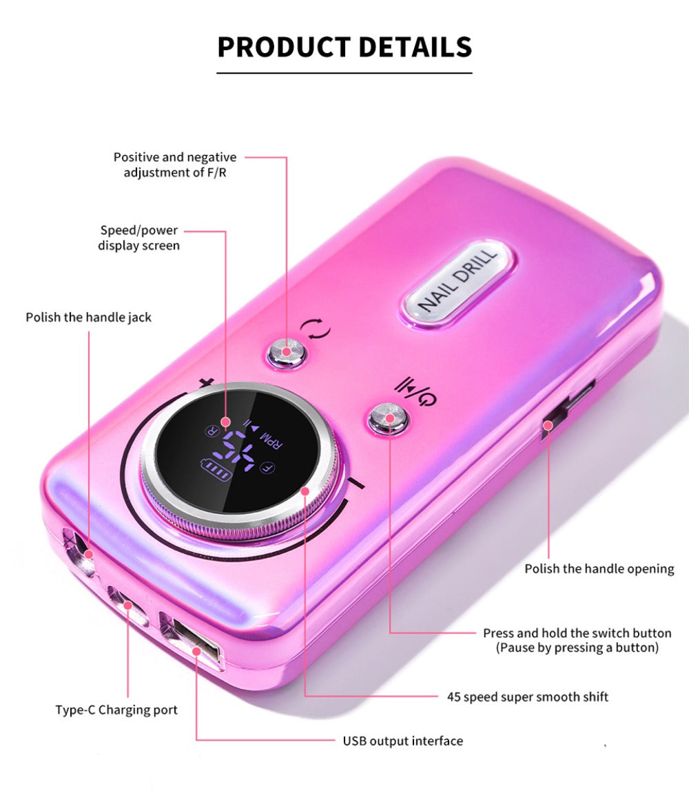 Limegirl Cordless Nail Drill Professional: 45000 RPM Rechargeable Electric Nail File Kit, Portable And Low Noise for Acrylic, Gel Nails, Manicure And Pedicure - Salon And Home Use