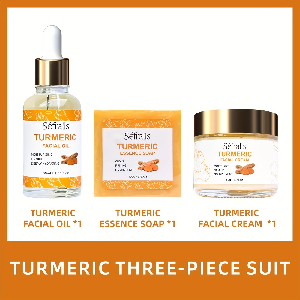 Sefralls Turmeric 3pcs/Set, Includes Turmeric Facial Cream, Turmeric Essential Soap, Turmeric Facial Essential Oil, Deeply Cleans Facial Pores, Moisturizes The Skin, Gently Balances Oil, Rich In Turmeric Extract, The Best Gift - Essential for Travel
