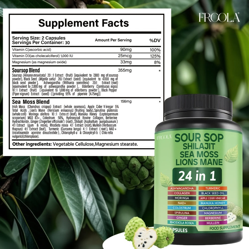 [Natural Supplement] Soursop Capsules [ 24-In-1 ] - Natural Supplement With Sea Moss, Shilajit, Lions Mane, Black Seed Oil, Chlorophyll & Turmeric - Gluten-Free, Formula For Immune & Liver Health, Daily Wellness Supplement | Herbal Label Design | Natural