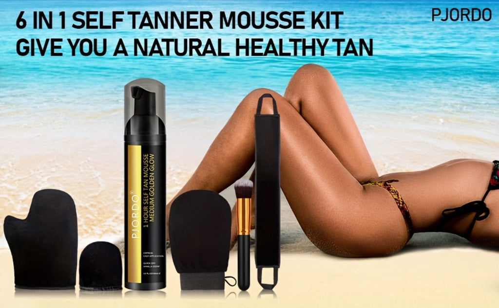 6pcs Pjordo Self Tanner 3.38oz Set, Self Tanner Mousse With Self Tanning Mitt Applicator Kit, 1 Hour Sunless Tanner, Fast Self Tan, Long Lasting Self Tanning Foam, No Fake Tan Smell, Holiday Gifts