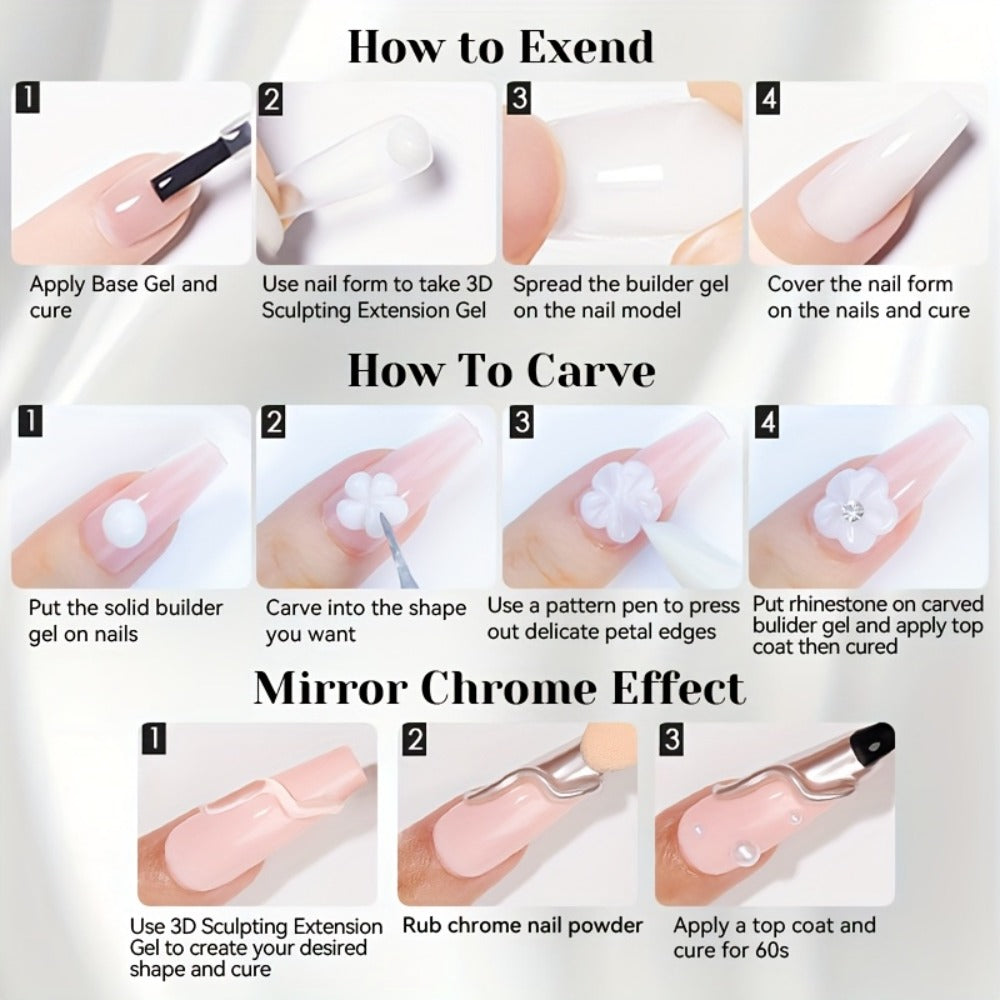 NICOLE DIARY 2pcs/3pcs 3D Carving Nail Gel Polish with Carving Pen White Clear 3D Sculpting Flower Gel Extension Gel Nail Nail Art Carving Gel Modeling Gel Nail Polish Manicure Nail Salon Home Use
