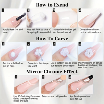 3D Sculpting Builder Gel Kit with Carving Pen — Clear & White Nail Extension Gel for Floral Nail Art, Acrylic Extensions & DIY Salon Manicure, Professional Nail Modeling Gel Set 2pcs or 3pcs for Women