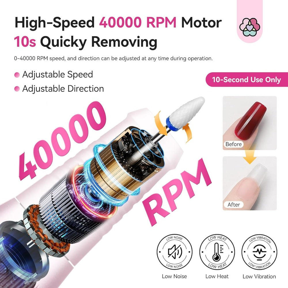 SAVILAND Professional Nail Drill 40000 RPM | Bright Pink Diamond Nail Drill Kit with 4000 mAh Rechargeable Battery, LCD Display, Brushed Motor, Includes Ceramic Nail Drill Bits and Sanding Bands for Salon Use