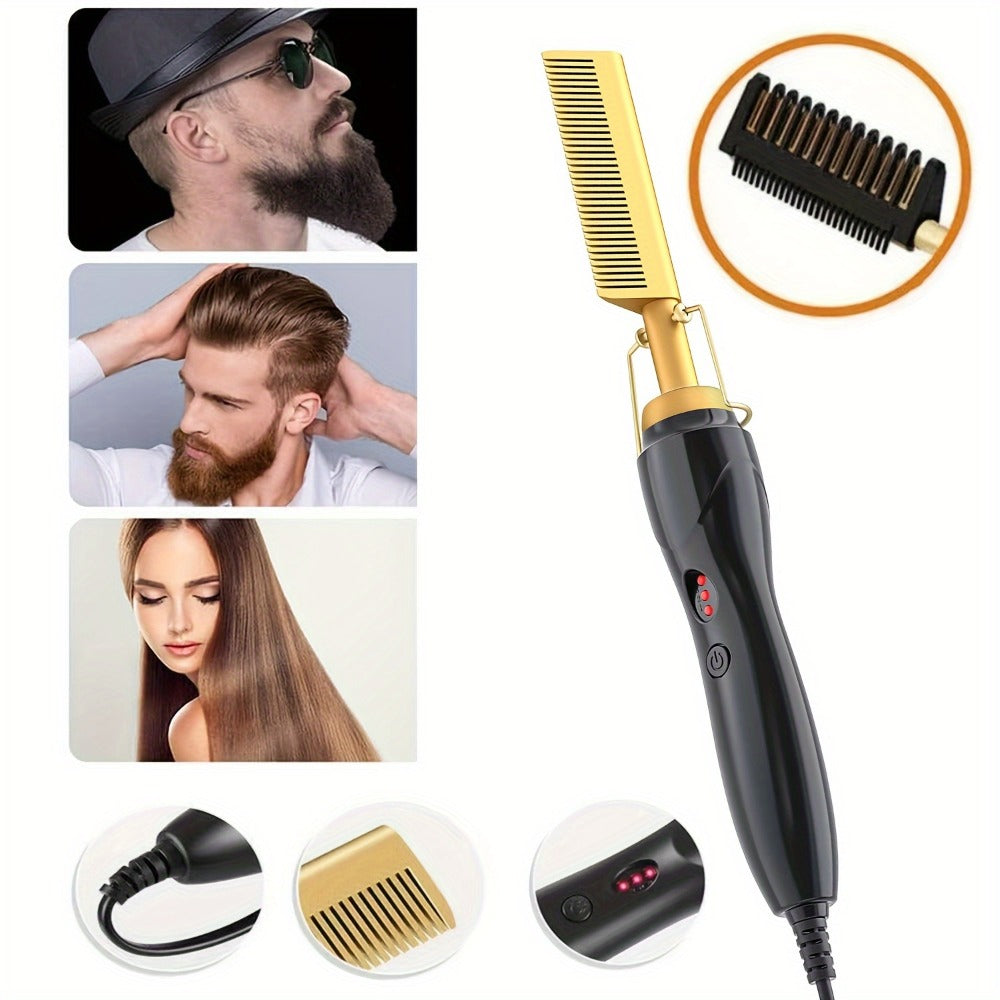 Hot Comb Hair Straightener, 2in 1 Ceramic Comb Safe Portable Curling Iron Heated Brush, Fake Electricity Heated Comb, Beard, Portable Anti-burn Curling Ceramic Straightening Pressing Comb, Suitable for Home and Travel, Holiday Gift