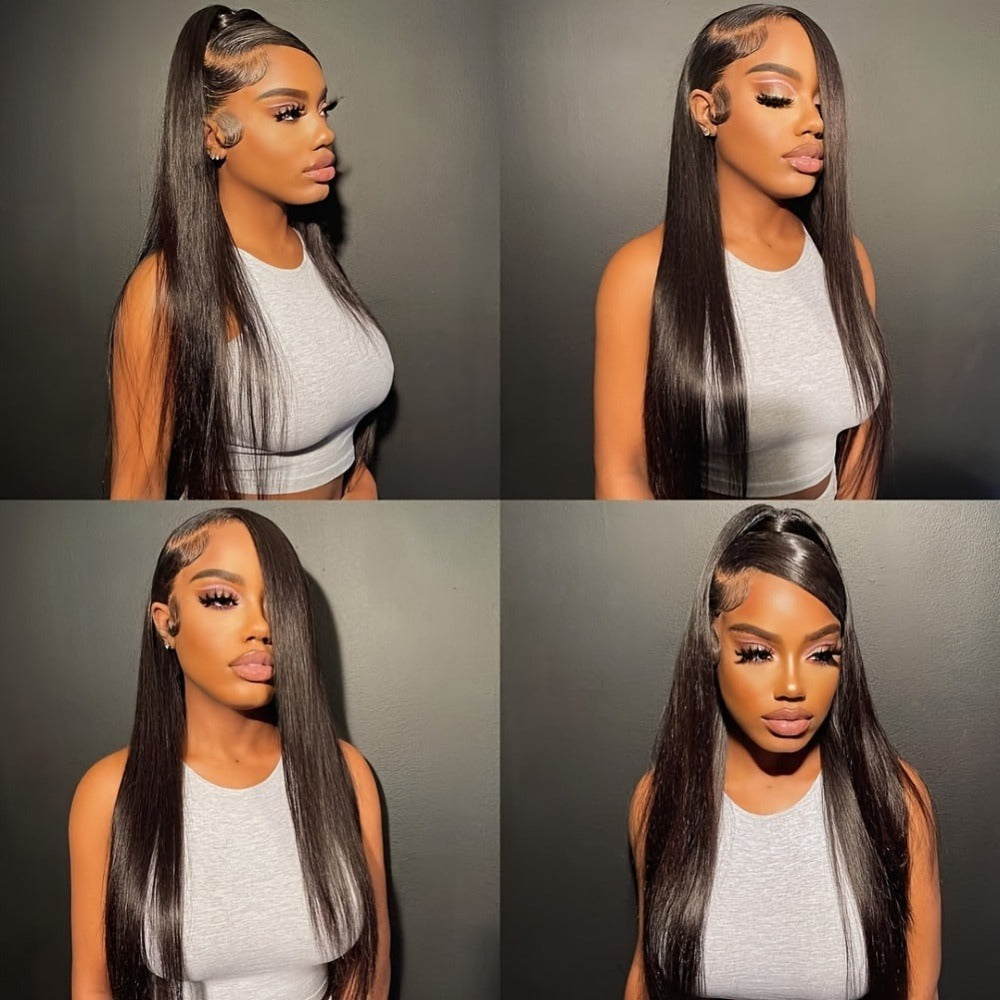 4x4 Lace Closure Wig Human Hair Straight Glueless Pre-Plucked Natural Hairline Black Straight Wig 12-28 Inch Women No Glue Easy Wear Versatile Parting