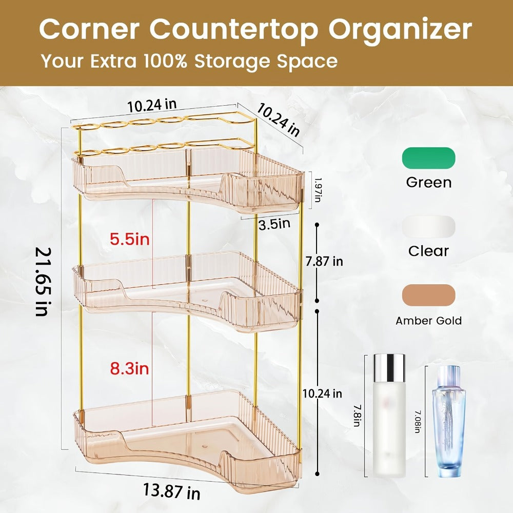 2-in-1 Corner Bathroom Counter Organizer - 2-Tier/3-Tier Space-Saving Shelf with Brush Holder, Makeup & Skincare Storage, -Toned Amber, Portable Vanity/Dresser/Kitchen Shelf, Insert-Style Installation (No Tools) for Small Spaces